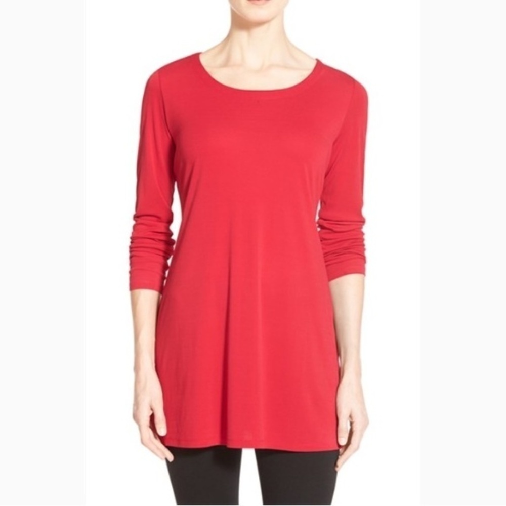 ✅‎ Eileen Fisher long Sleeve SCOOP NECK Red Jersey Shirt Tunic SIZE X-SMALL